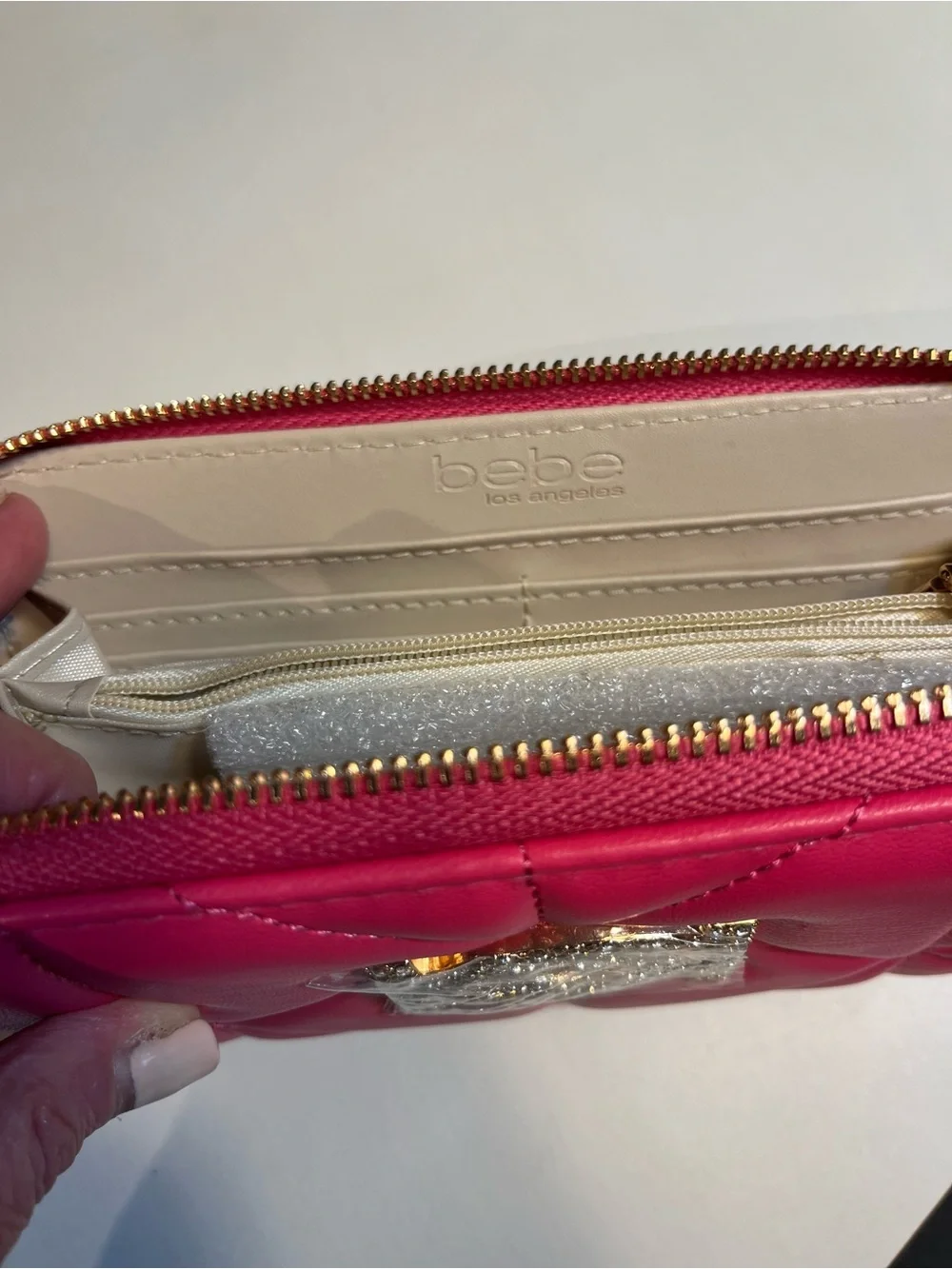 bebe Pink Quilted Wristlet Wallet with Crystal Logo NWT